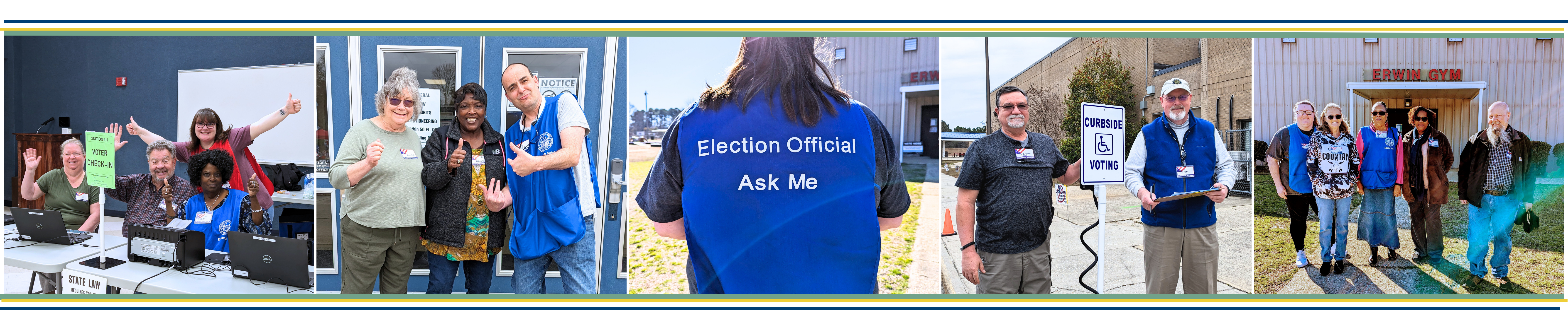 Collage of Harnett County election workers at polling locations, including voter check-in, curbside voting, and election officials serving the community.