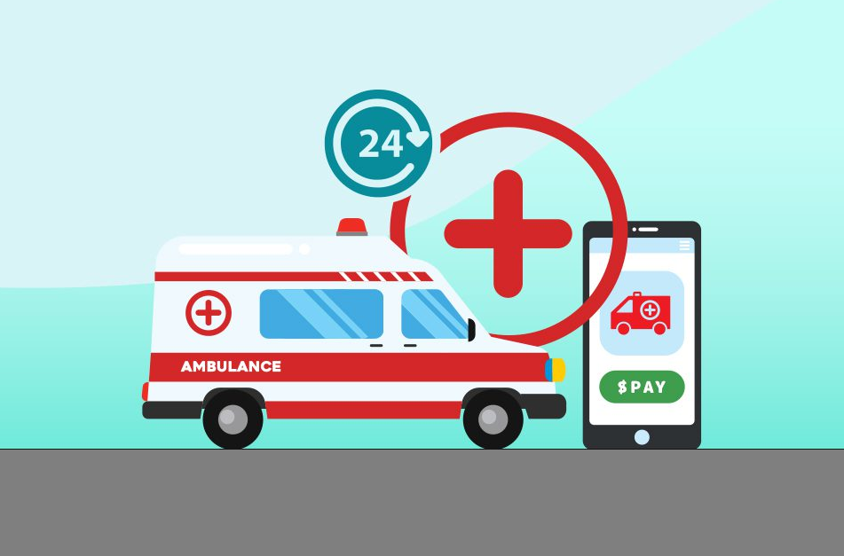 Graphic of an ambulance and a cell phone that says pay