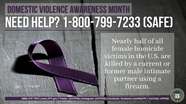 October is National Domestic Violence Awareness Month. If you or someone you know is in an abusive relationship, call the National Domestic Violence Hotline at 1-800-799-SAFE.   