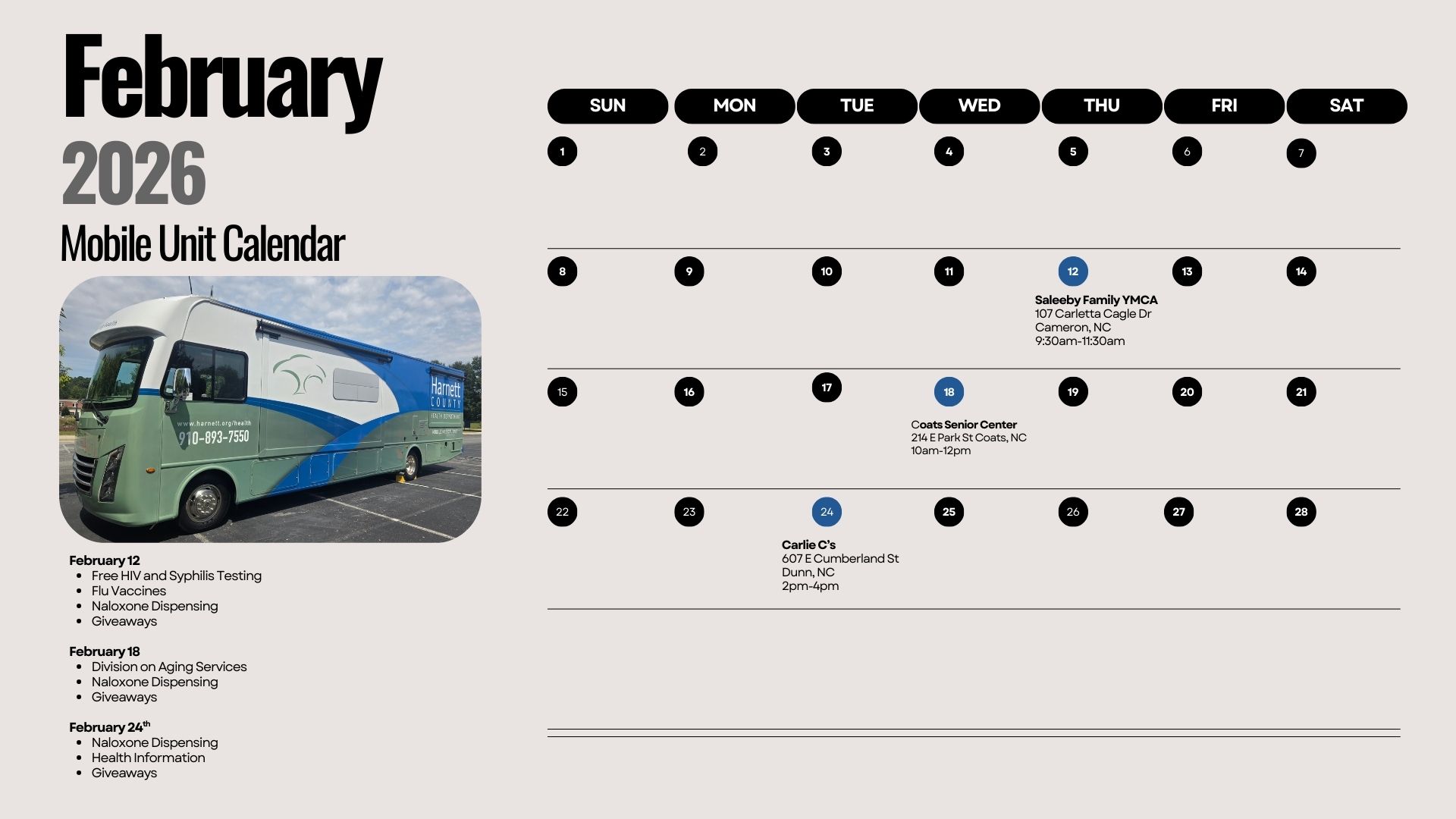 A calendar of the mobile medical unit
