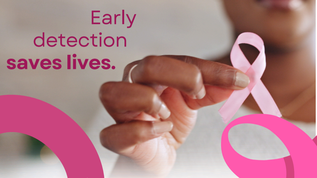 Photo of woman holding a pink ribbon with message 