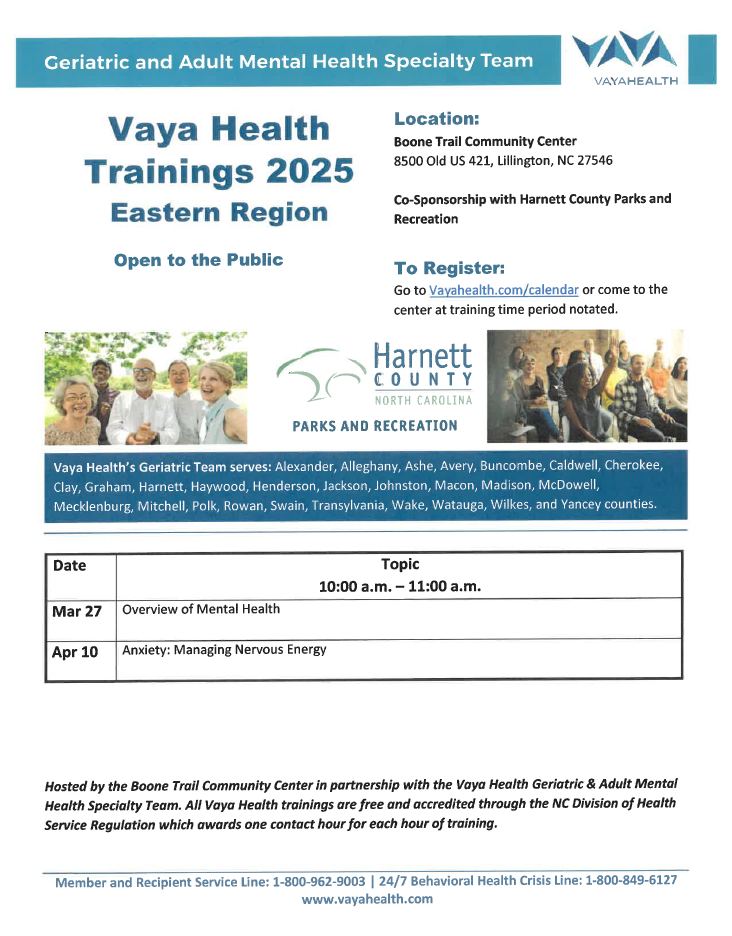 Vaya Health Training- Overview of Mental Health (Boone Trail Community Center)