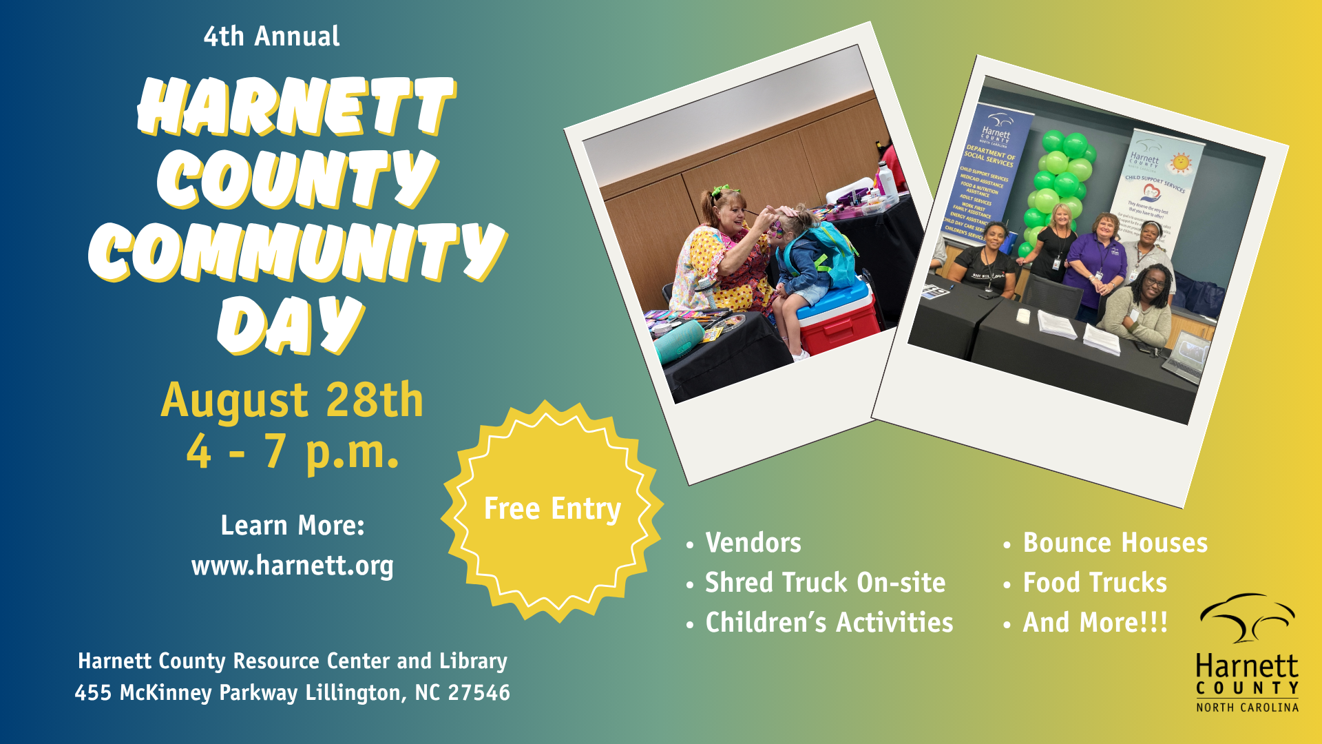 Title Harnett County Community Day with pictures of face painting and DSS staff.