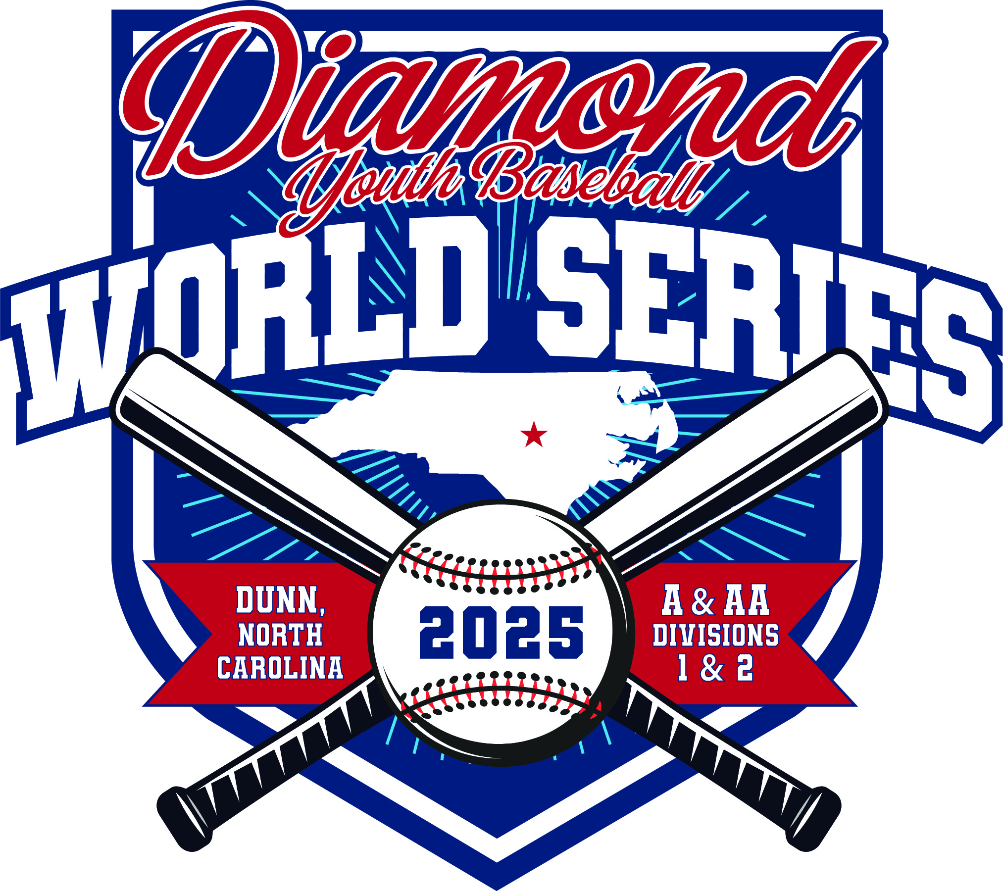 Diamond Youth World Series Baseball logo including two baseball bates and a ball. The State of North Carolina is behind with a star where Harnett County is.
