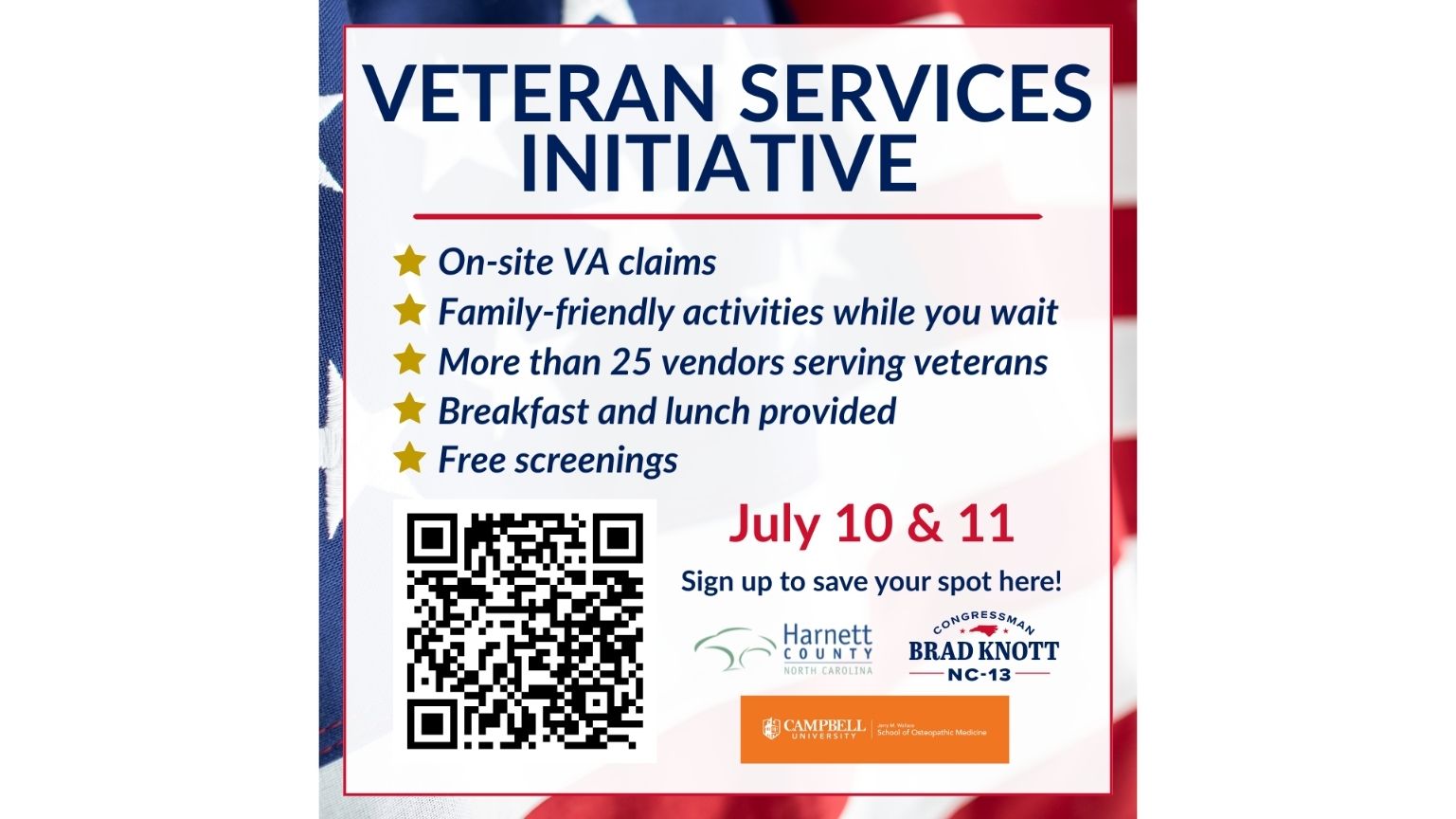 Veteran Services Initiative flyer promoting a July 10–11 event with on-site VA claims assistance,